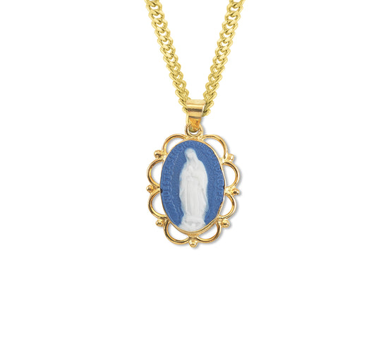 Dark Blue Gold Over Sterling Silver Our Lady of Guadalupe Cameo Medal