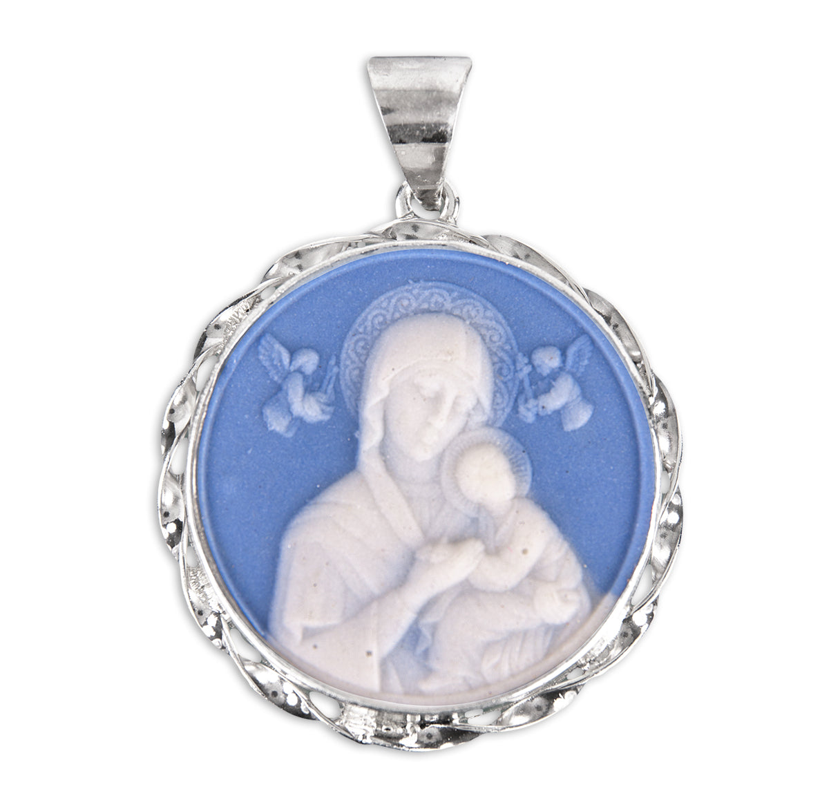 Light Blue Sterling Silver Our Lady of Perpetual Help Cameo Medal