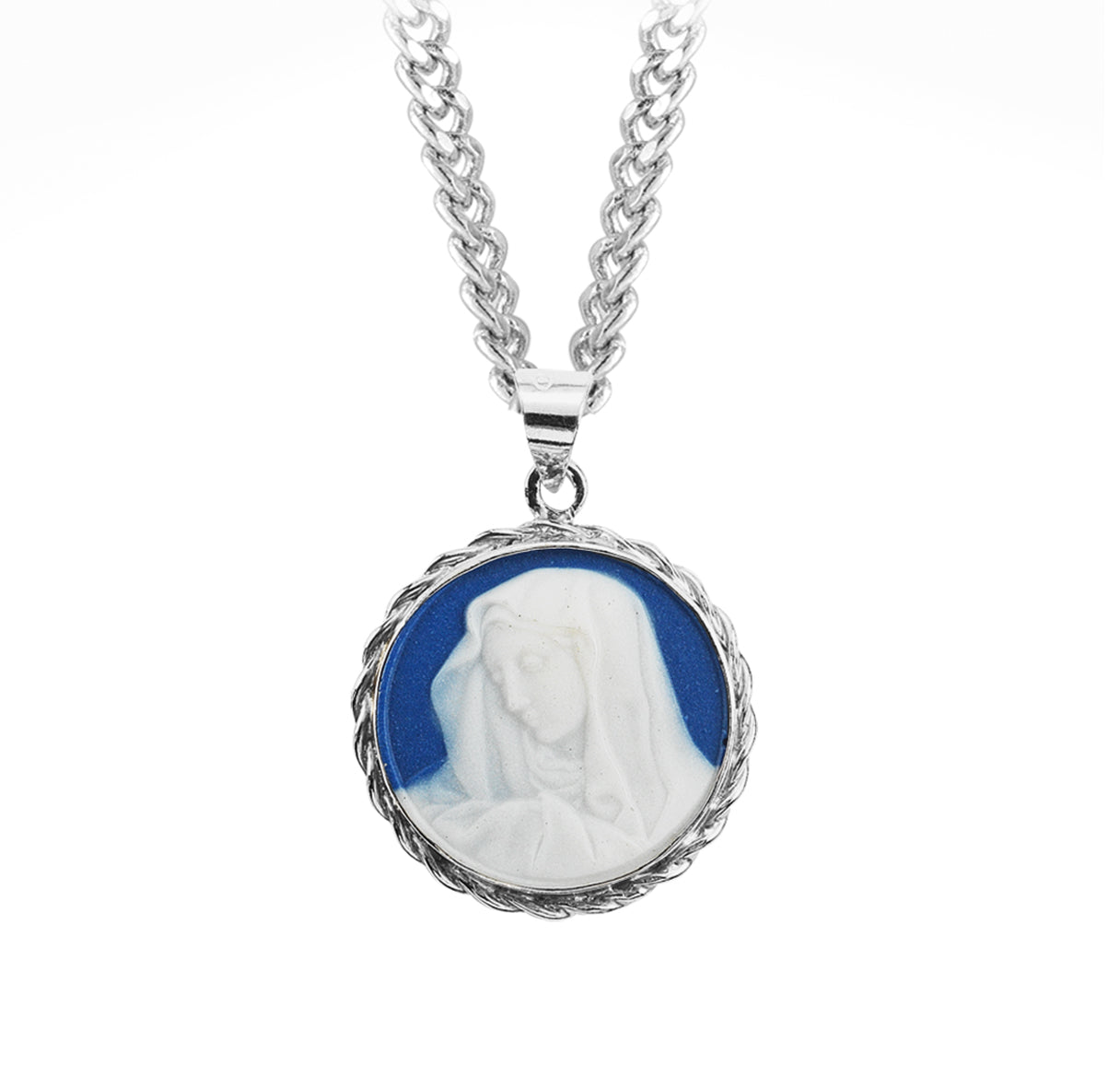 Dark Blue Sterling Silver Our Lady of Sorrows Cameo Medal