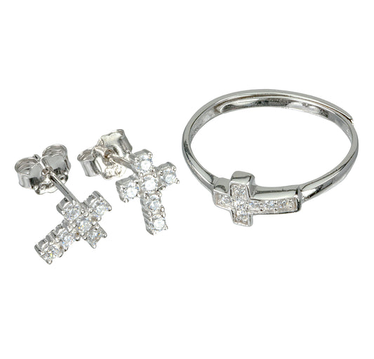 Sterling Silver Cubic Zirconia Cross Earring and Ring Set