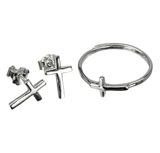 Sterling Silver Cross and Earring Ring Set