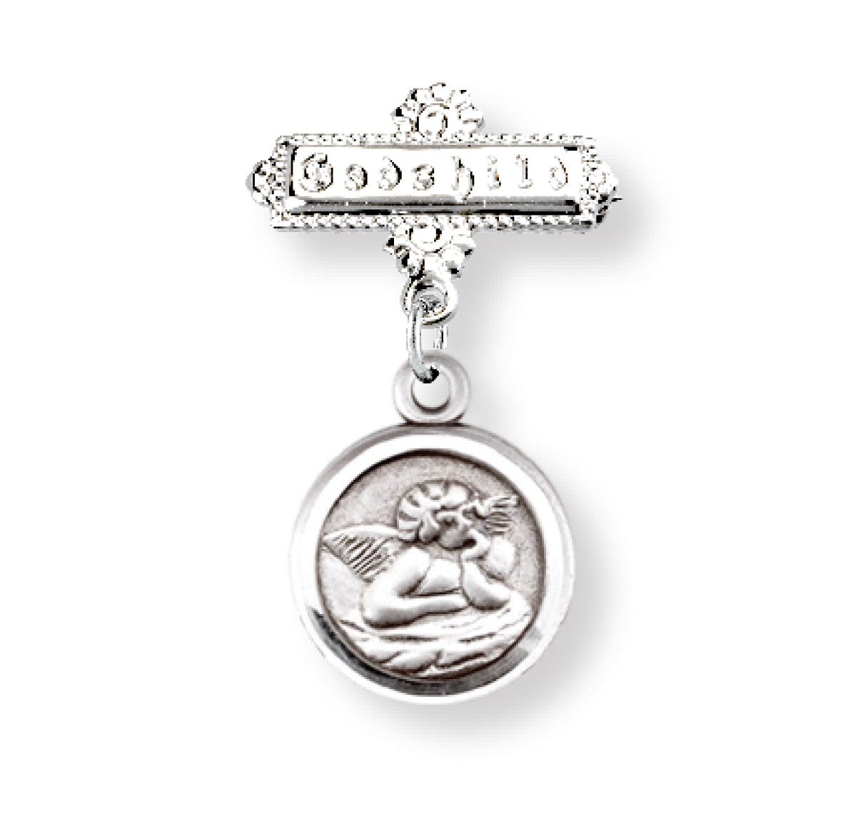 Guardian Angel Round Sterling Silver Medal on a Godchild Bar Pin