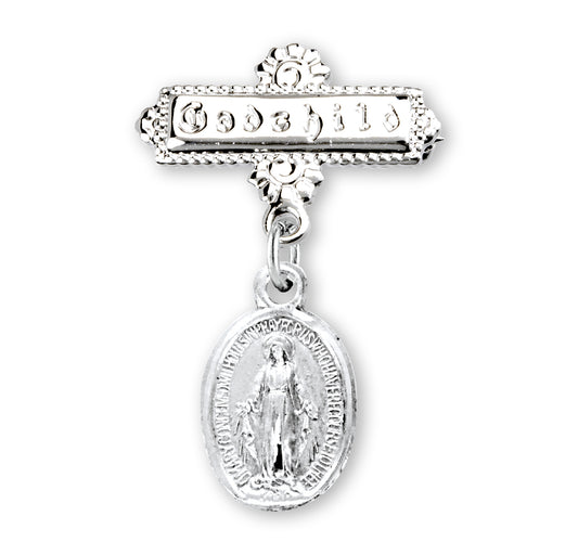 Sterling Silver Oval Baby Miraculous Medal on a Godchild Bar Pin