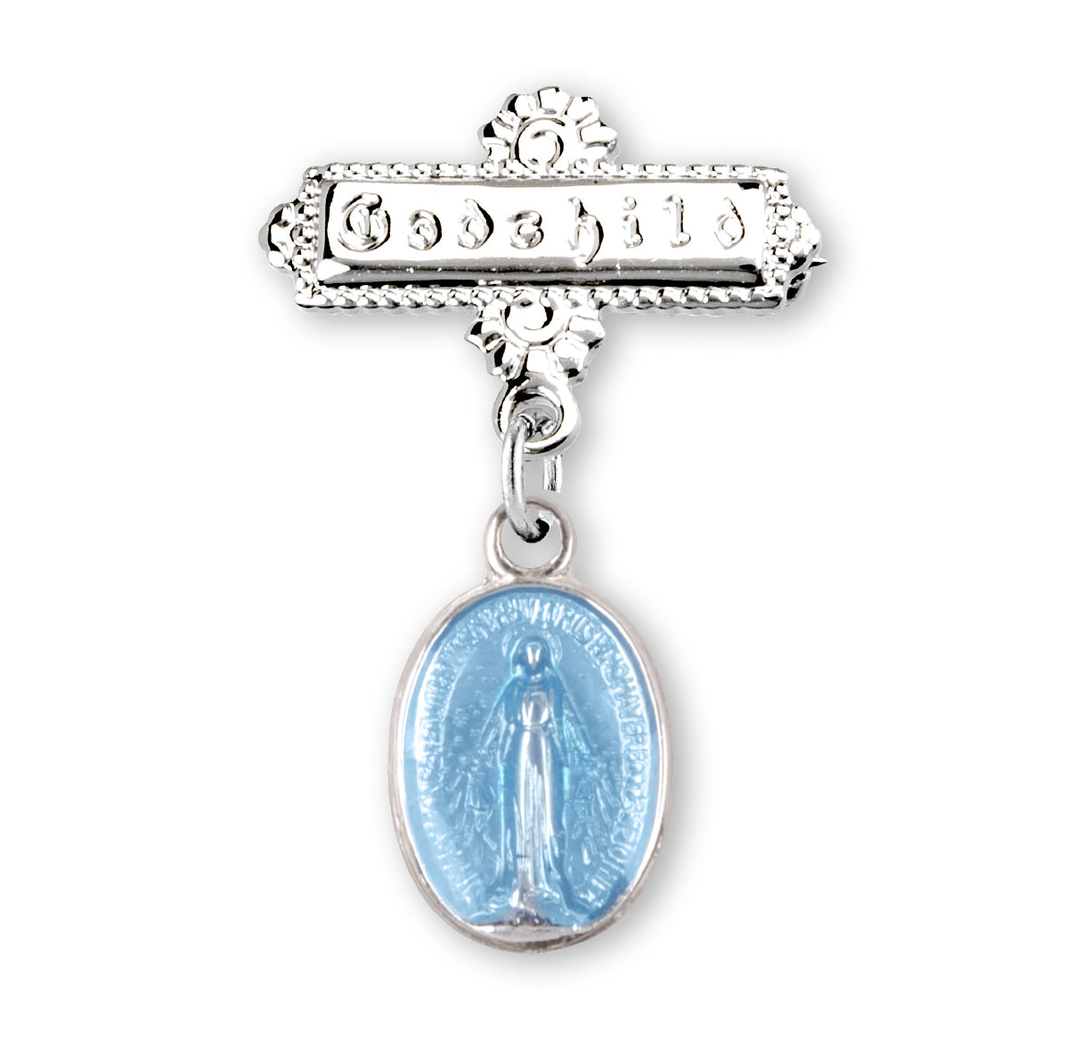 Blue Enameled Oval Sterling Silver Baby Miraculous Baby Medal on a Godchild Bar Pin