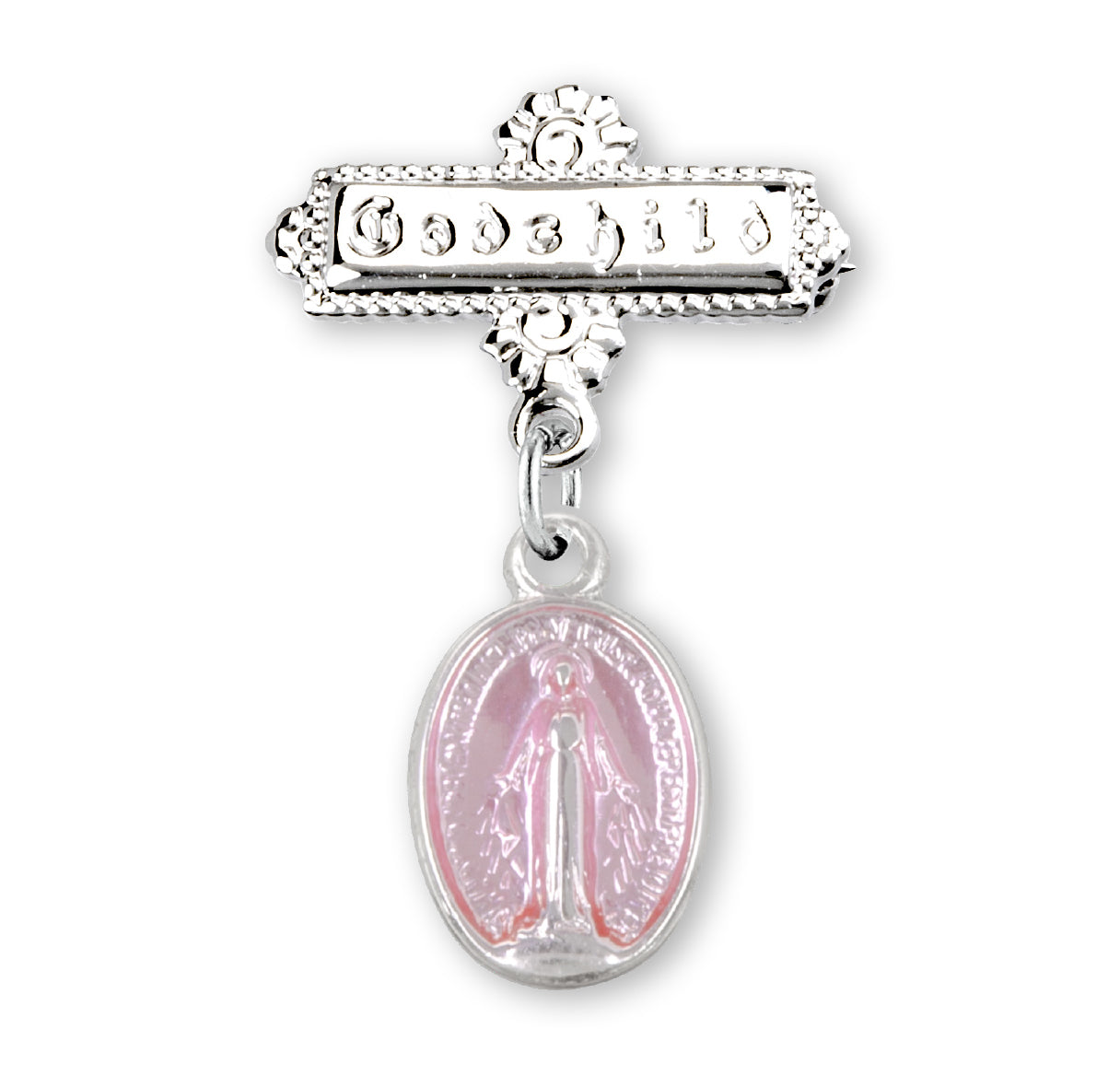 Pink Enameled Oval Sterling Silver Baby Miraculous Baby Medal on a Godchild Bar Pin
