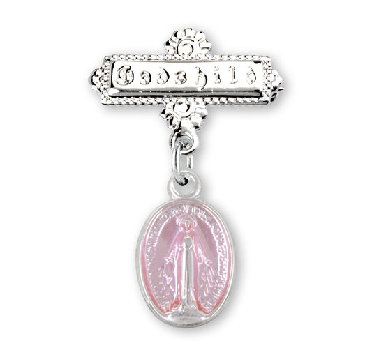 Pink Enameled Oval Sterling Silver Baby Miraculous Baby Medal on a Godchild Bar Pin