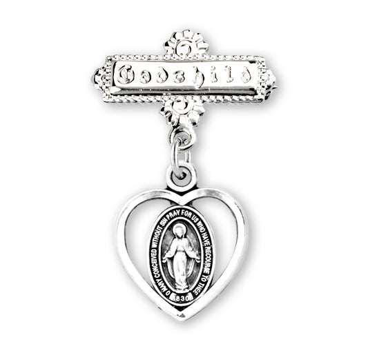 Sterling Silver Pierced Heart Baby Miraculous Medal on a Godchild Pin