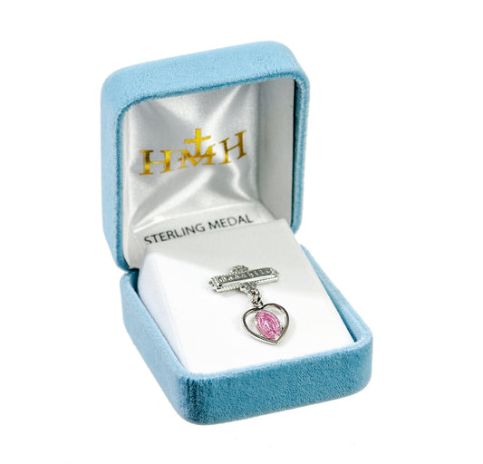 Sterling Silver Pierced Heart Baby Miraculous Medal Pink on a Godchild Pin