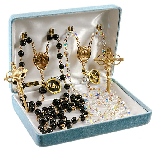 Gold Plated Rosary Created with Swarovski Crystal 6mm Aurora Borealis Beads and 6mm Onyx Beads by HMH