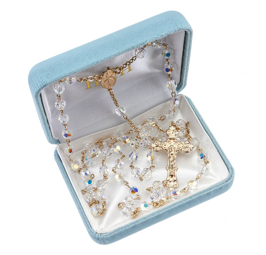 Gold Over Sterling Silver Rosary Created with Swarovski Crystal 6mm Aurora Borealis Beads by HMH