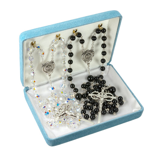 Gold Over Sterling Silver Rosary Created with Swarovski Crystal 6mm Aurora Borealis Beads and 6mm Onyx Beads