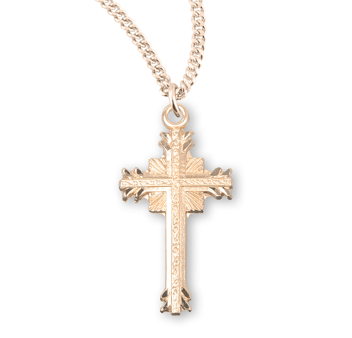 Gold Over Sterling Silver Flare Tipped Cross with a Scrolled Center