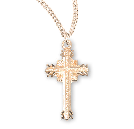 Gold Over Sterling Silver Flare Tipped Cross with a Scrolled Center