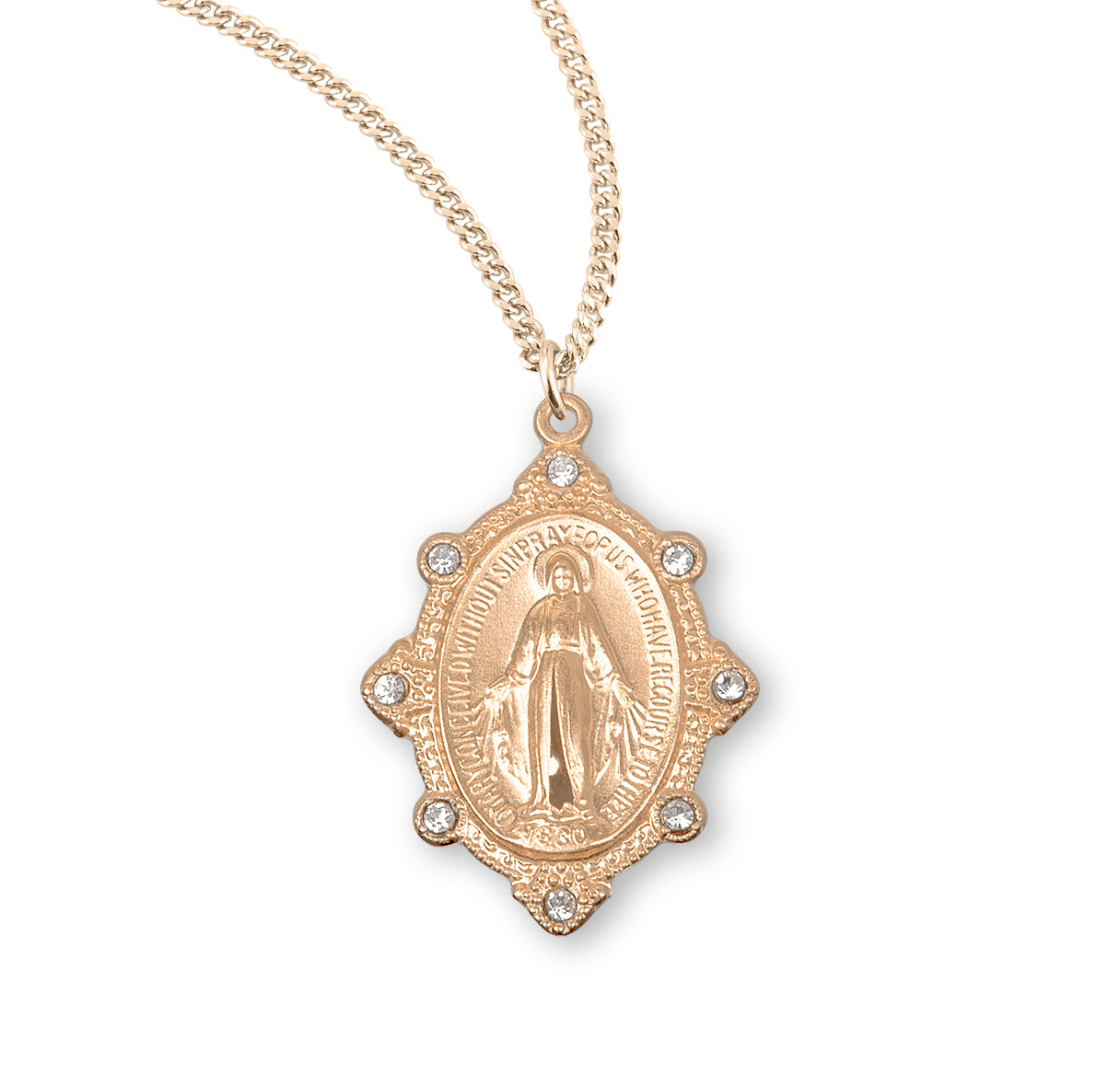 Gold Over Sterling Silver Miraculous Medal Set with Clear Crystals