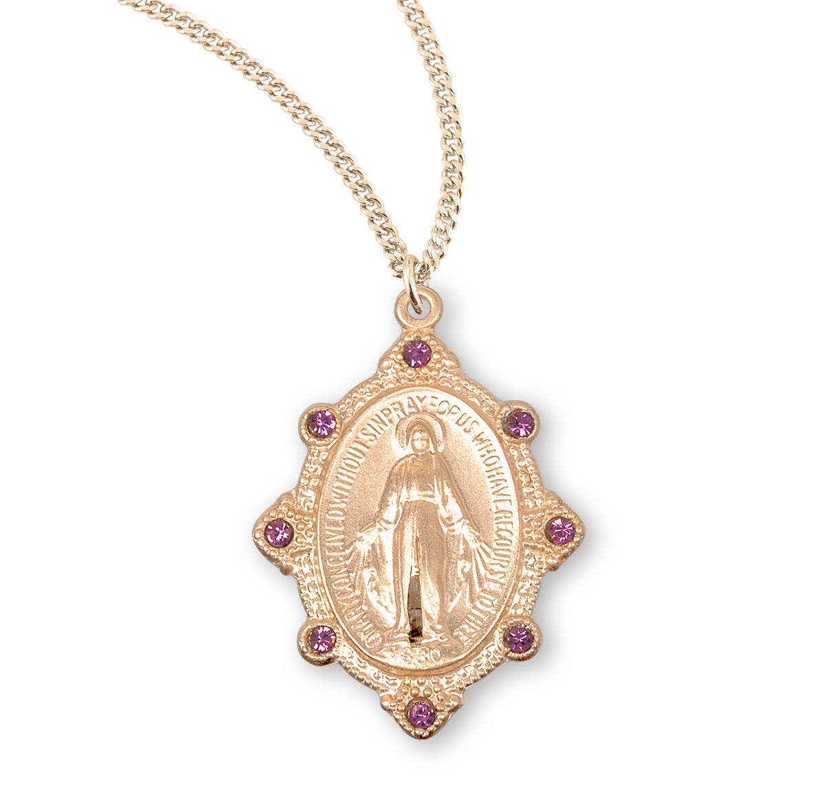 Gold Over Sterling Silver Miraculous Medal Set with Pink Crystals