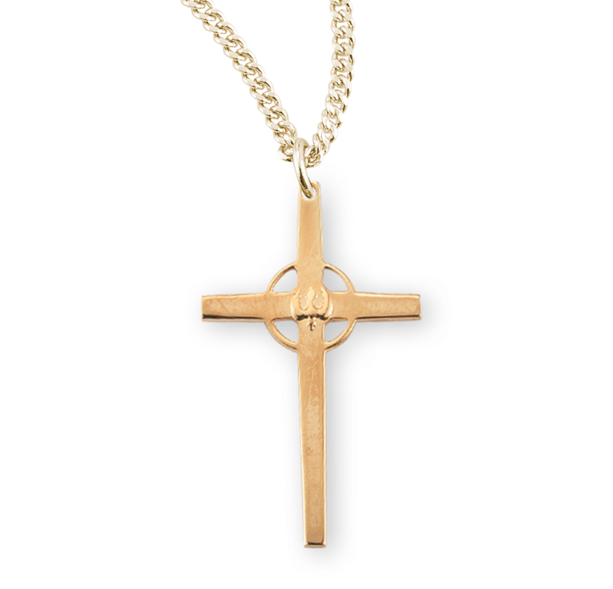 Gold Over Sterling Silver High Polished Holy Spirit Cross with a Pierced Halo
