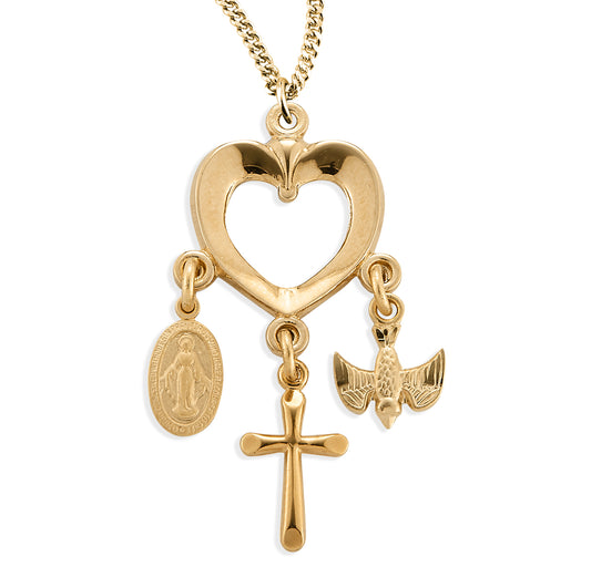 Gold Over Sterling Silver Open Heart with Miraculous Medal, Cross and Holy Spirit Pendants