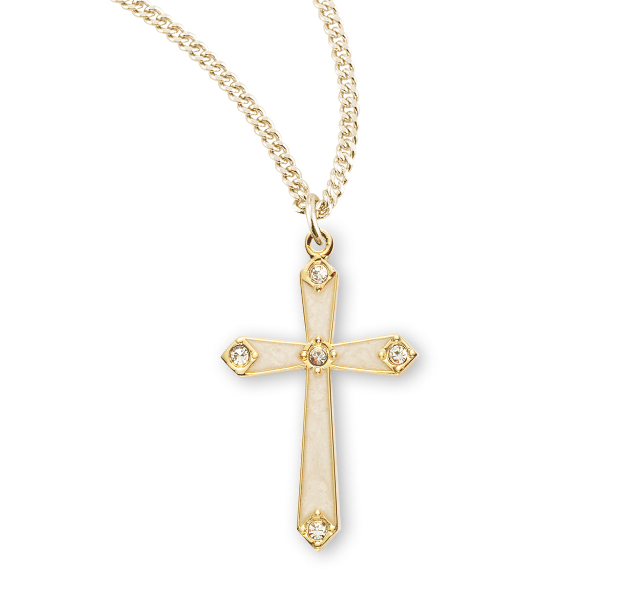 Gold Over Sterling Silver Pearl Enameled Cross with Five Crystals