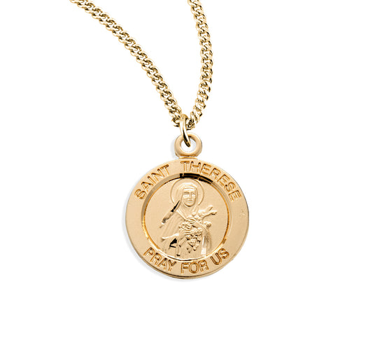 Patron Saint THerese of Lisieux Round Gold Over Sterling Silver Medal