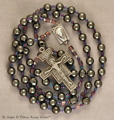 Hematite Flexwire Rosary With San Damiano Crucifix And Mary Center