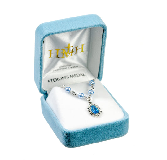 Sterling Silver Scalloped Blue Enameled Miraculous Necklace Adorned with 4mm Blue finest Austrian Crystal Pearl Beads