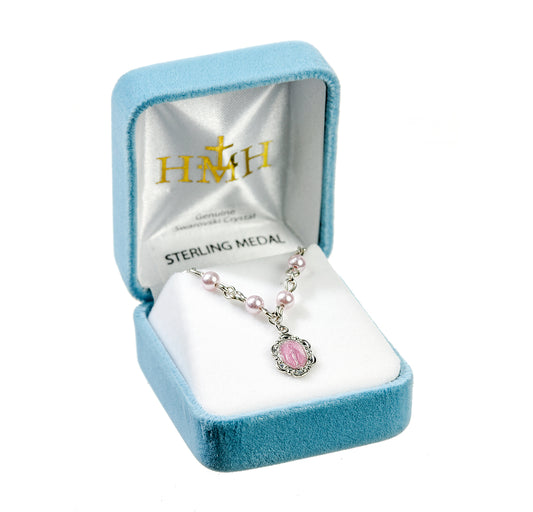 Sterling Silver Miraculous Medal Necklace Adorned with 4mm Pink finest Austrian Crystal Pearl Beads