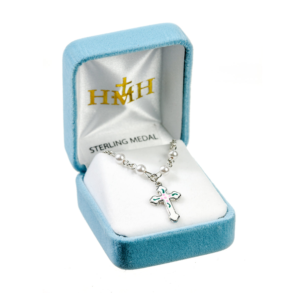 Sterling Silver Enameled Cross Necklace Adorned with 4mm White finest Austrian Crystal Pearl Beads