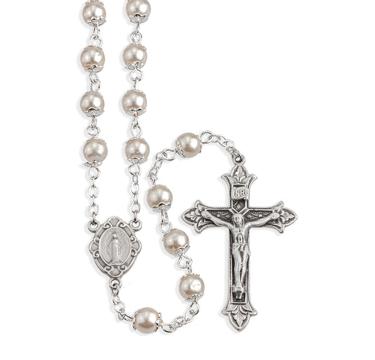 Imitation Pearl Double Capped New England Pewter Rosary