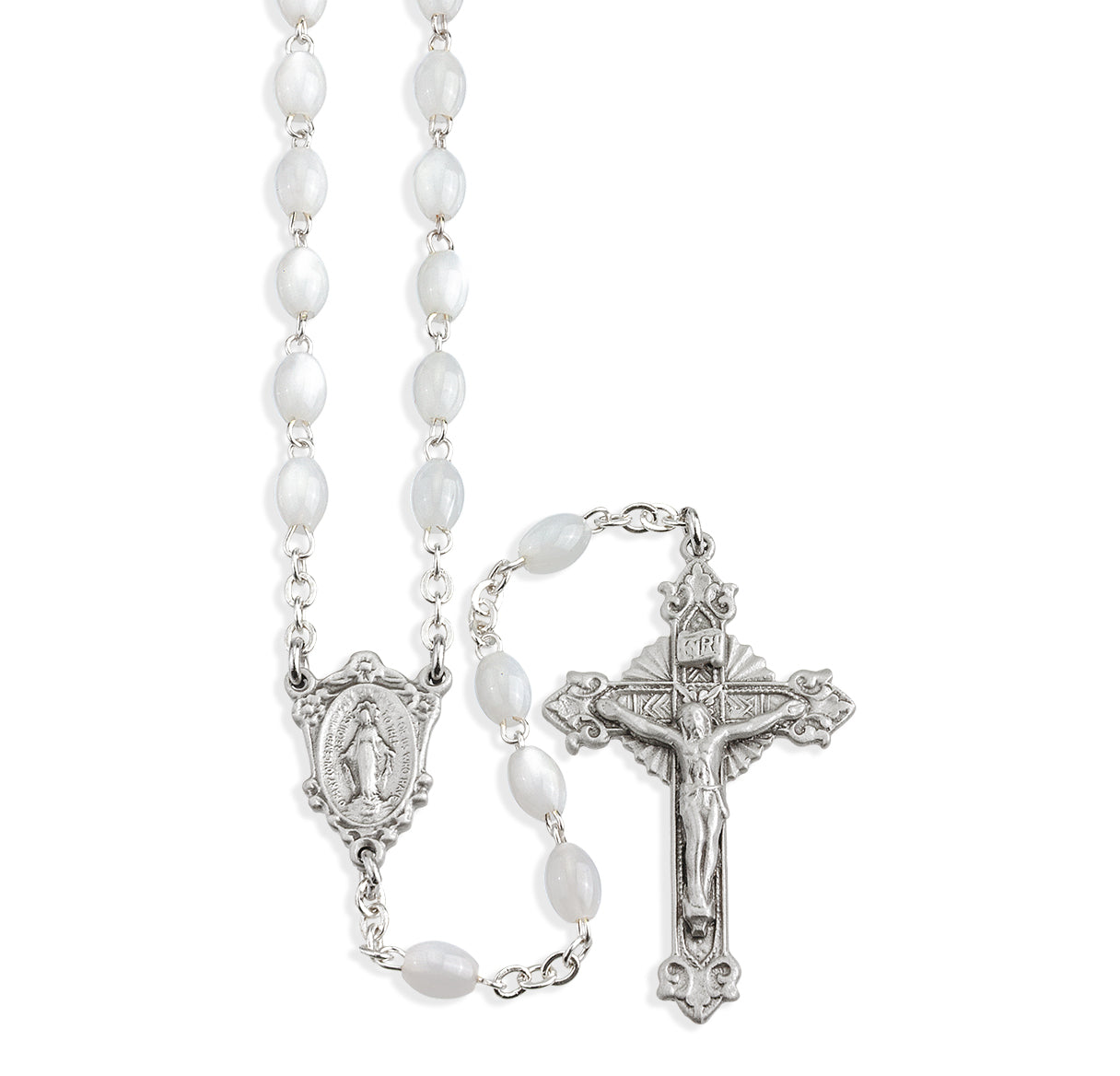 White Imitation Mother of Pearl New England Pewter Rosary