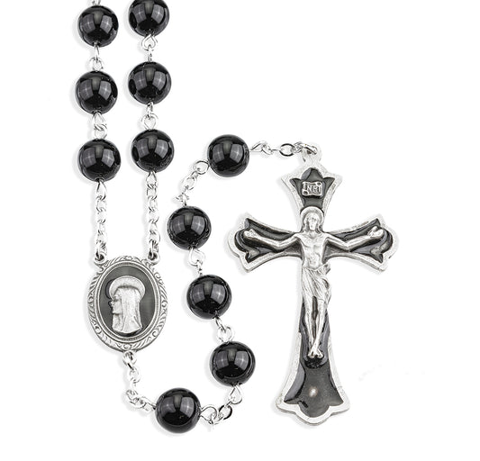 8mm Round Onyx Bead with Black Epoxy New England Pewter Crucifix and Center