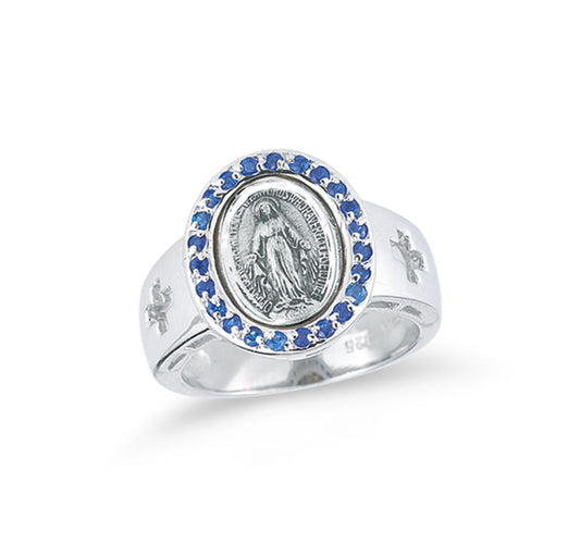 Sterling Silver Miraculous Medal Sapphire Cubic Zirconia Ring Size 6