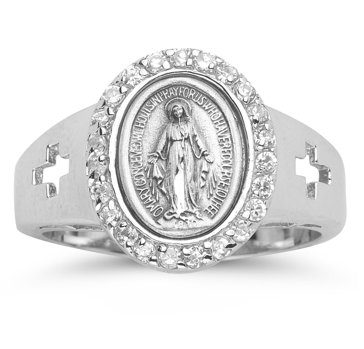 Sterling Silver Miraculous Medal Crystal Cubic Zirconia Ring Size 6