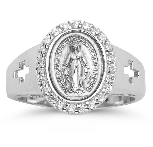 Sterling Silver Miraculous Medal Crystal Cubic Zirconia Ring Size 6