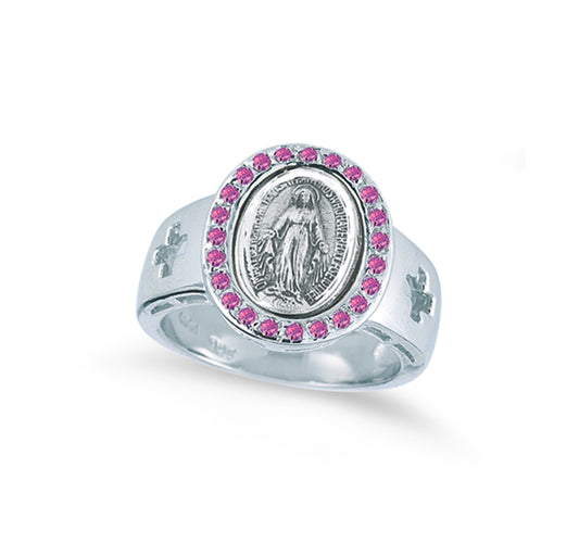 Sterling Silver Miraculous Medal Pink Cubic Zirconia Ring Size 6