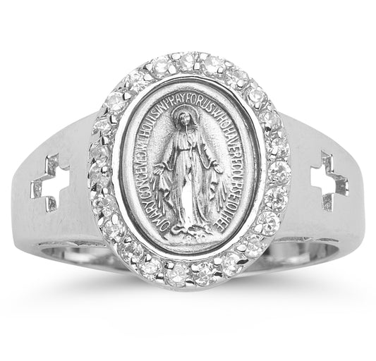 Sterling Silver Miraculous Medal Crystal Cubic Zirconia Ring Size 7