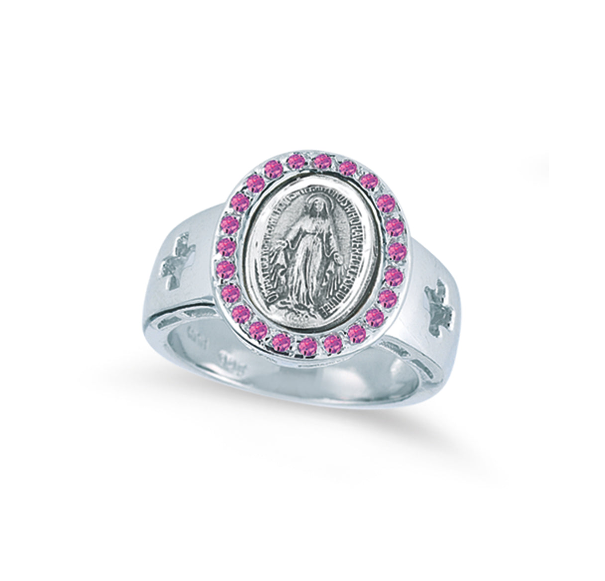 Sterling Silver Miraculous Medal Pink Cubic Zirconia Ring Size 7