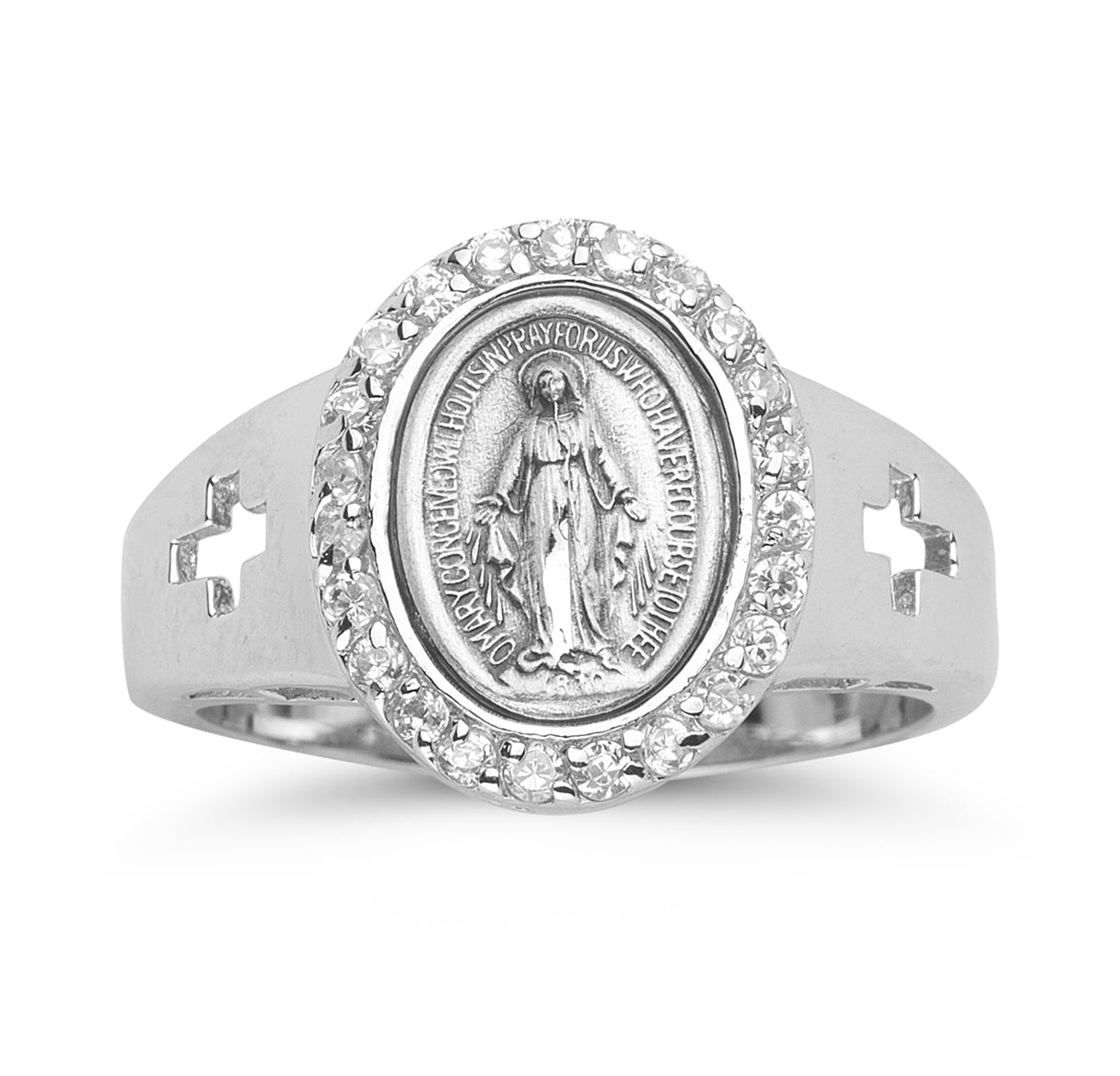 Sterling Silver Miraculous Medal Crystal Cubic Zirconia Ring Size 8