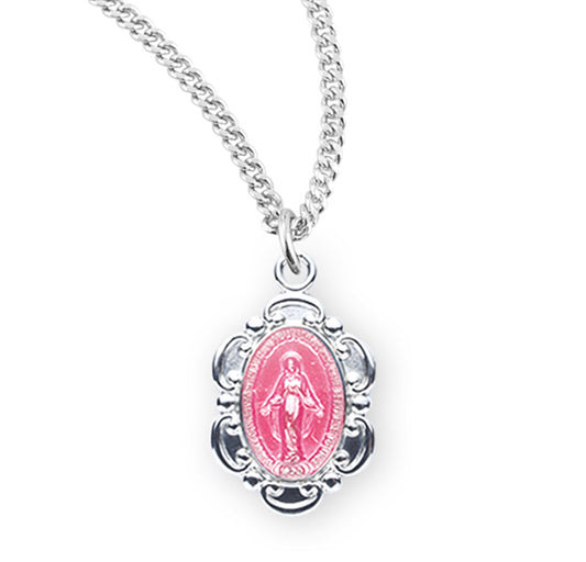 Sterling Silver Pink Enameled Oval Fancy Edge Miraculous Medal