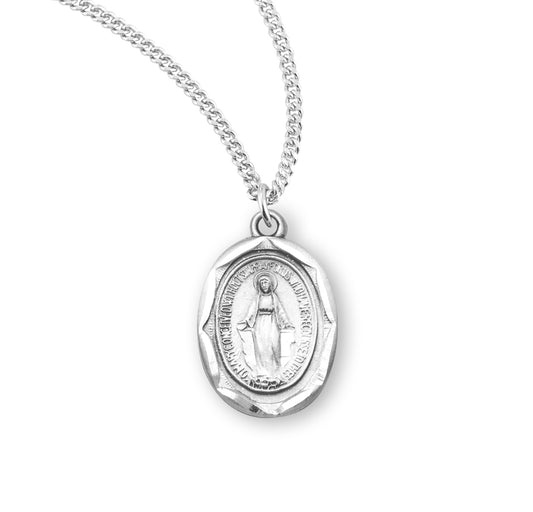 Sterling Silver Oval Blue Enameled Fancy Edge Miraculous Medal