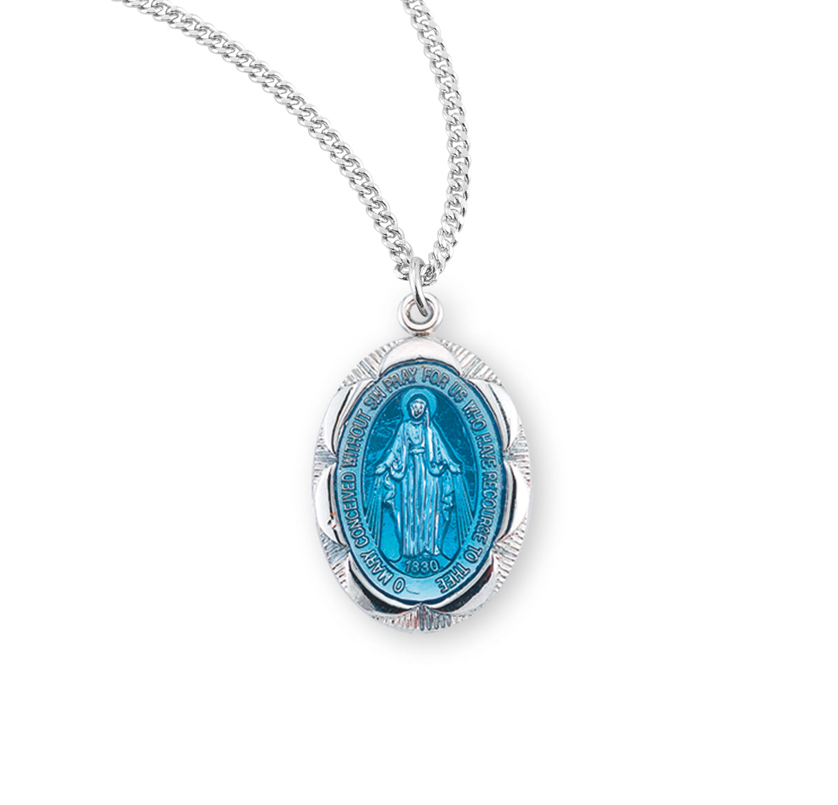 Sterling Silver Oval Blue Enameled Miraculous Medal