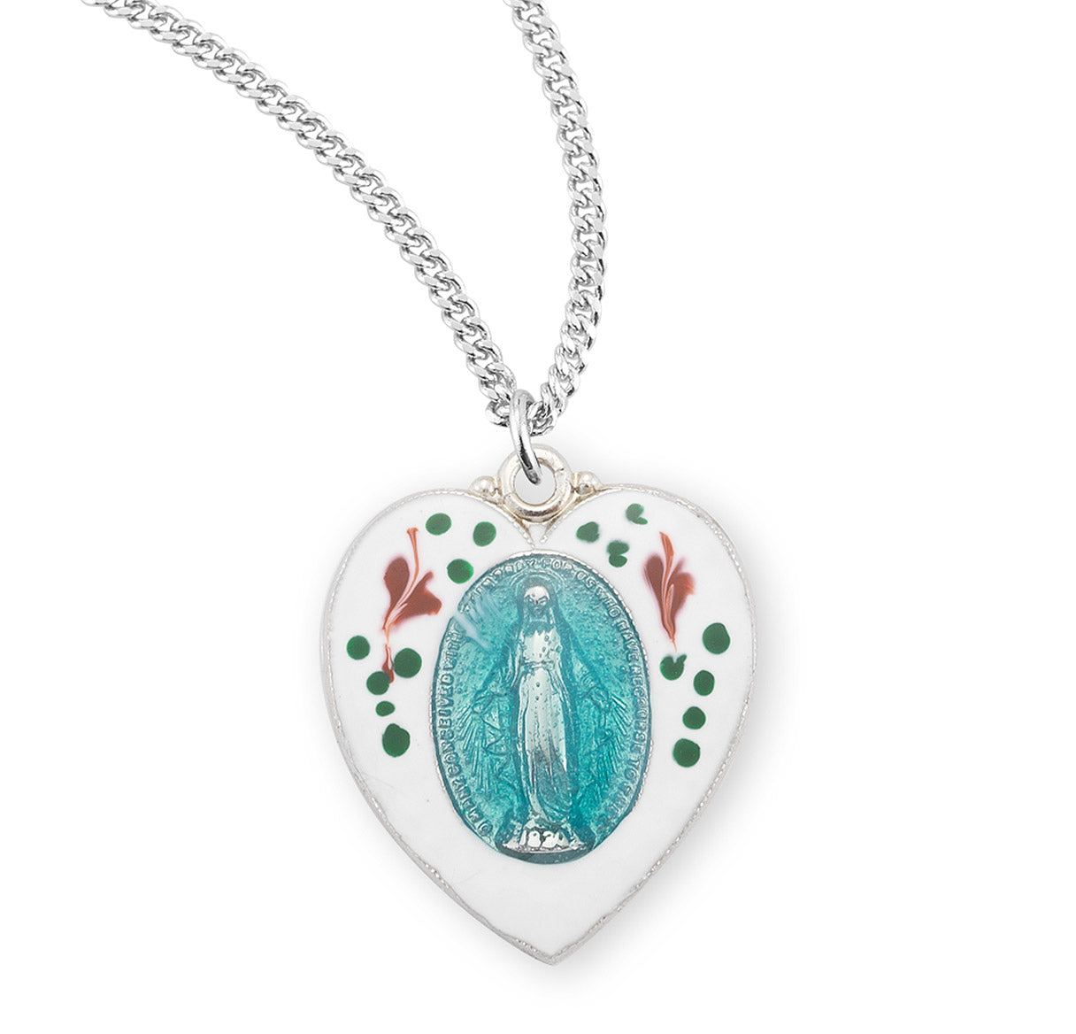 Sterling Silver Flower Enameled Heart Shape Miraculous Medal