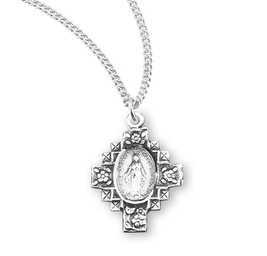 Sterling Silver Flowered Cross Miraculous Medal