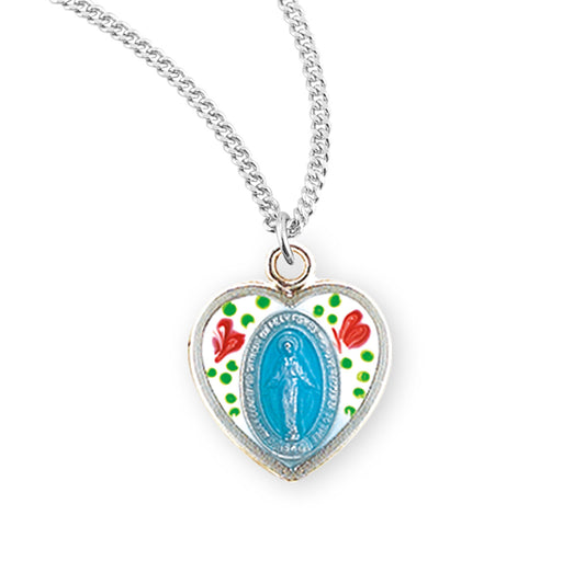 Sterling Silver Flower Enameled Heart Shape Miraculous Medal