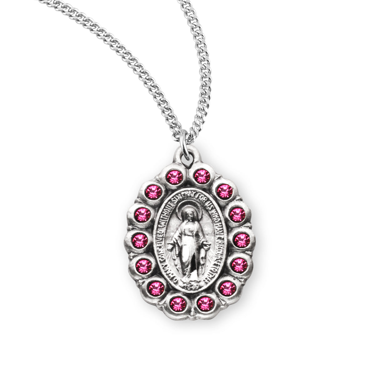 Sterling Silver Oval Miraculous Medal Set with Pink Crystals