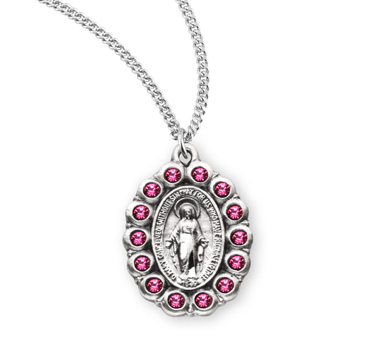 Sterling Silver Oval Miraculous Medal Set with Pink Crystals