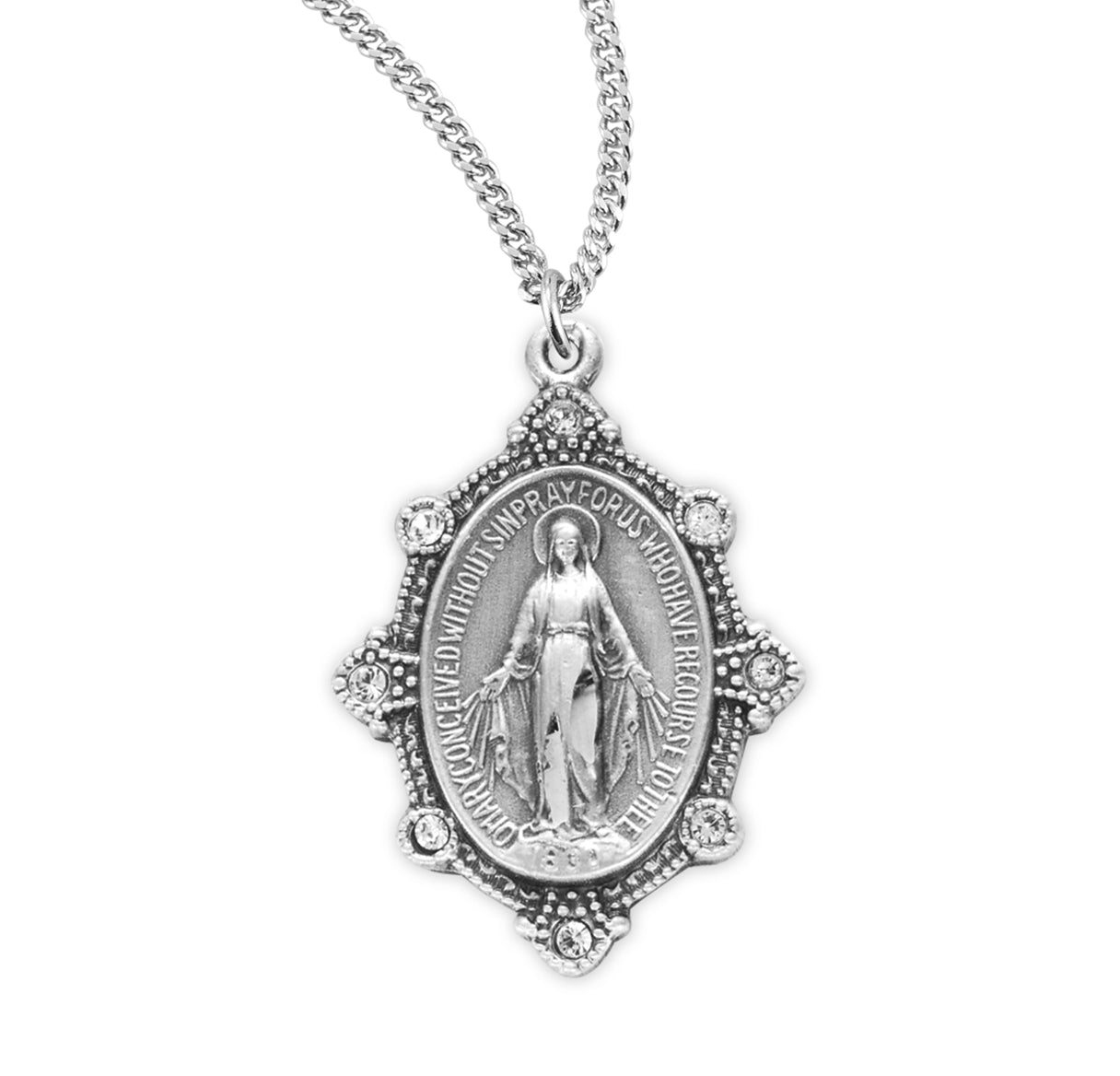 Sterling Silver Oval Miraculous Medal Set with Clear Crystals