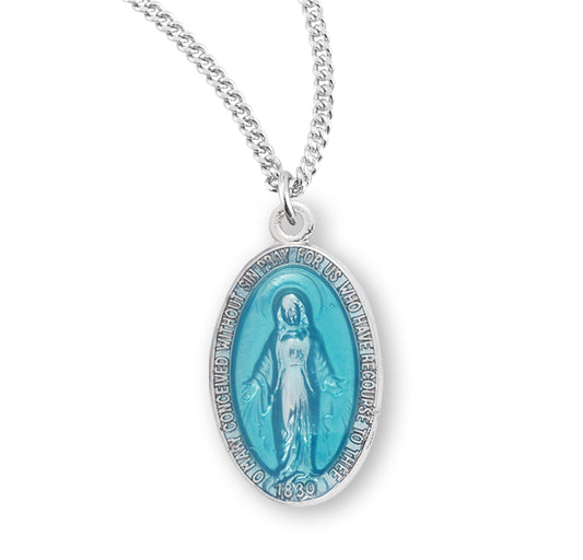 Sterling Silver Oval Blue Enameled Miraculous Medal