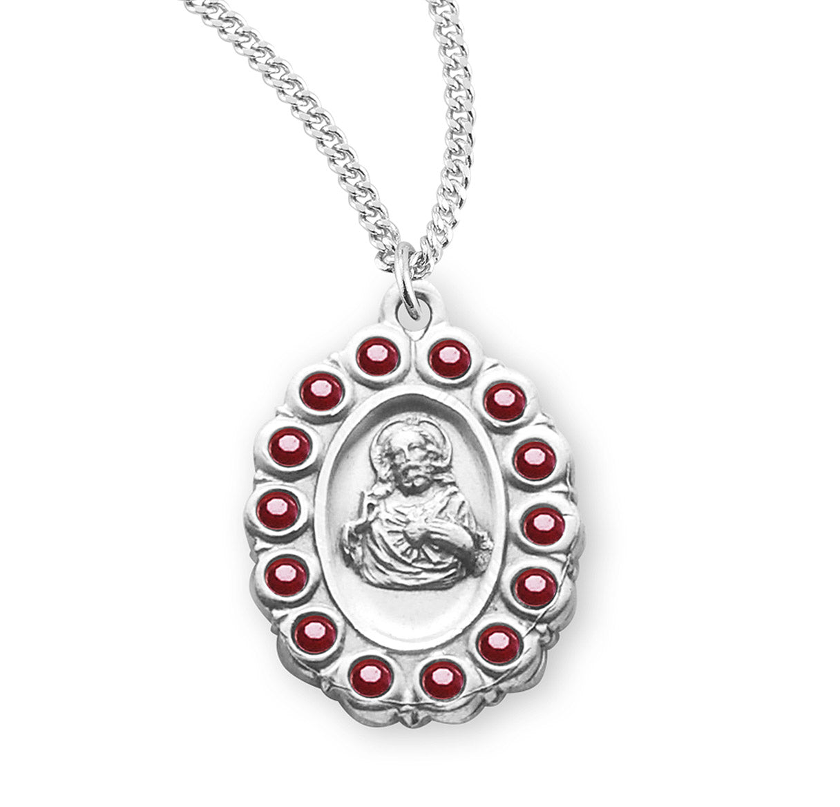 Sterling Silver Scapular Medal Set with Ruby Crystals