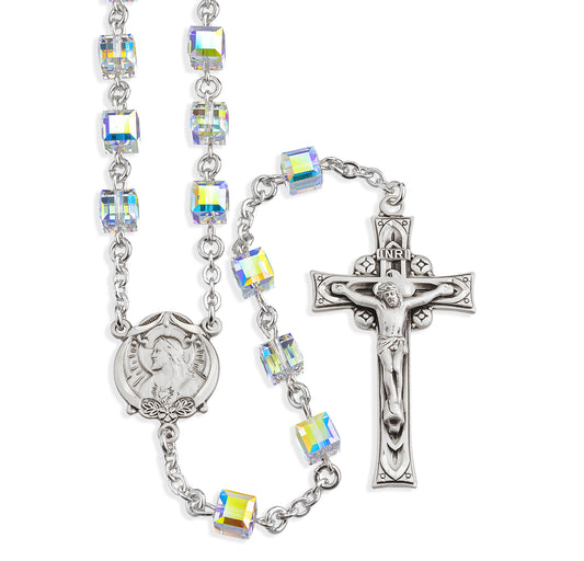 Sterling Silver Rosary handmade with Swarovski Crystal 6mm Aurora Borealis Faceted Cube Shape Beads by HMH