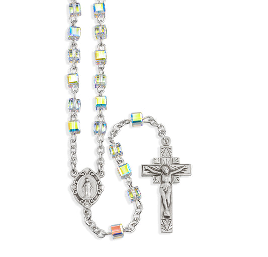 Sterling Silver Rosary handmade with Swarovski Crystal 4mm Aurora Borealis Cube Shape Beads by HMH